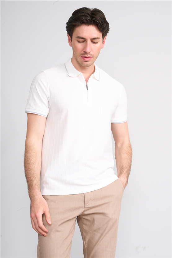 Çetinkaya Mentality 4613 Fermuarlı Polo Yaka Regular Modelli T-shirt Beyaz