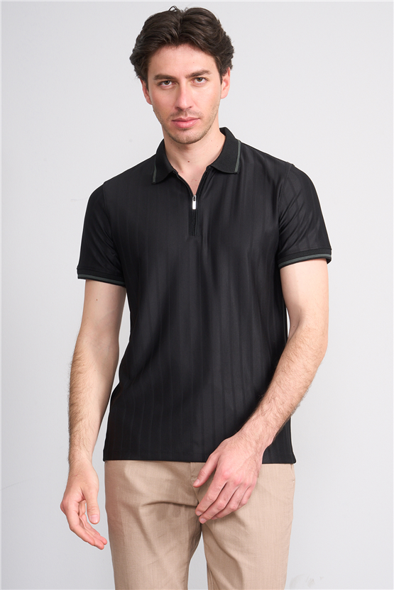 Çetinkaya Mentality 4613 Fermuarlı Polo Yaka Regular Modelli T-shirt Siyah