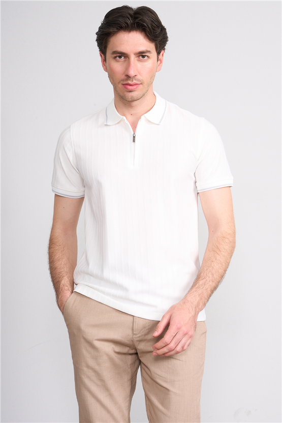 Çetinkaya Mentality 4613 Fermuarlı Polo Yaka Regular Modelli T-shirt Beyaz