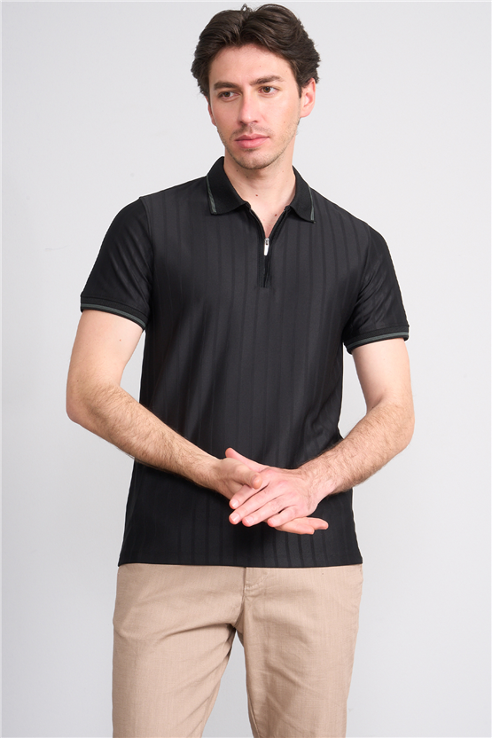 Çetinkaya Mentality 4613 Fermuarlı Polo Yaka Regular Modelli T-shirt Siyah