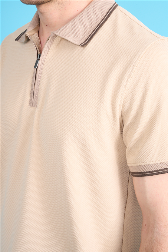 Çetinkaya Mentality 4615 Fermuarlı Polo Yaka Regular Modelli T-shirt Bej