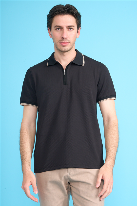Çetinkaya Mentality 4615 Fermuarlı Polo Yaka Regular Modelli T-shirt Siyah