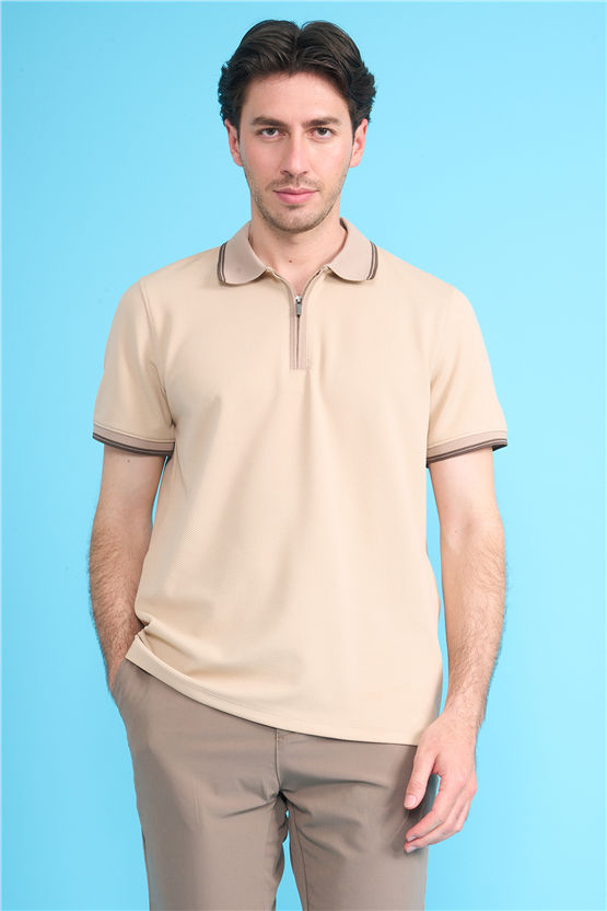 Çetinkaya Mentality 4615 Fermuarlı Polo Yaka Regular Modelli T-shirt Bej