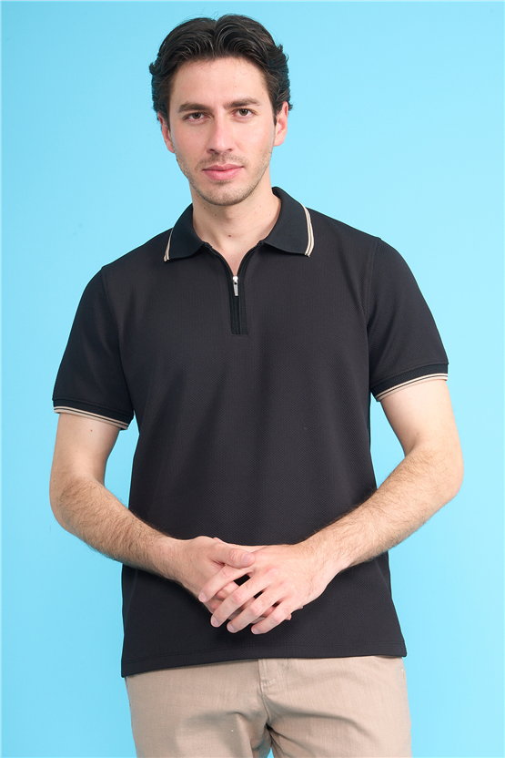 Çetinkaya Mentality 4615 Fermuarlı Polo Yaka Regular Modelli T-shirt Siyah