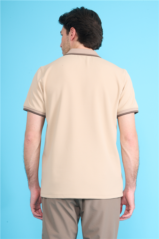 Çetinkaya Mentality 4615 Fermuarlı Polo Yaka Regular Modelli T-shirt Bej