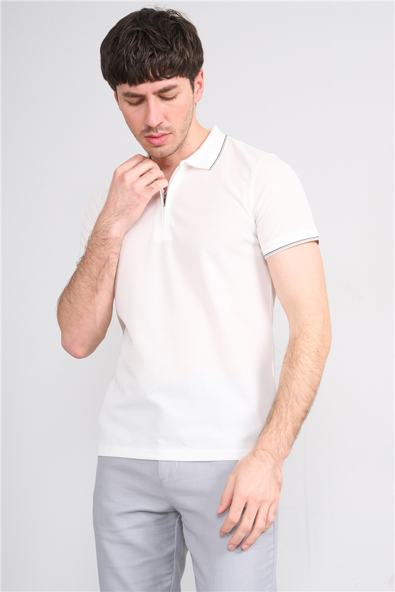 Çetinkaya Mentality 4616 Fermuarlı Polo Yaka Regular Modelli T-shirt Beyaz