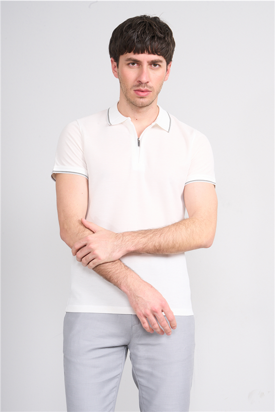 Çetinkaya Mentality 4616 Fermuarlı Polo Yaka Regular Modelli T-shirt Beyaz
