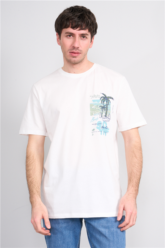 Çetinkaya Mentality 4635 Bisiklet Yaka Regular Baskılı T-shirt Krem