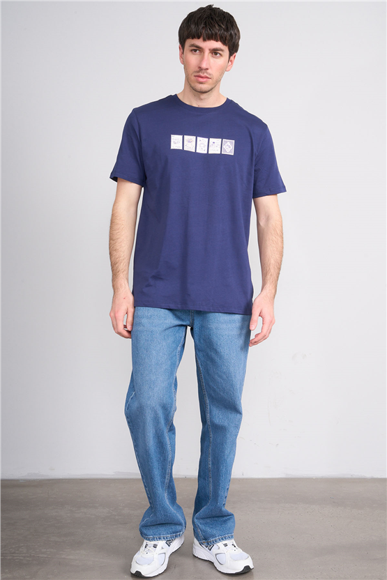 Çetinkaya Mentality 4637 Bisiklet Yaka Regular Baskılı T-shirt Açık Lacivert