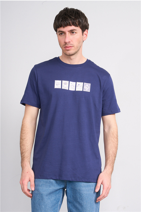 Çetinkaya Mentality 4637 Bisiklet Yaka Regular Baskılı T-shirt Açık Lacivert