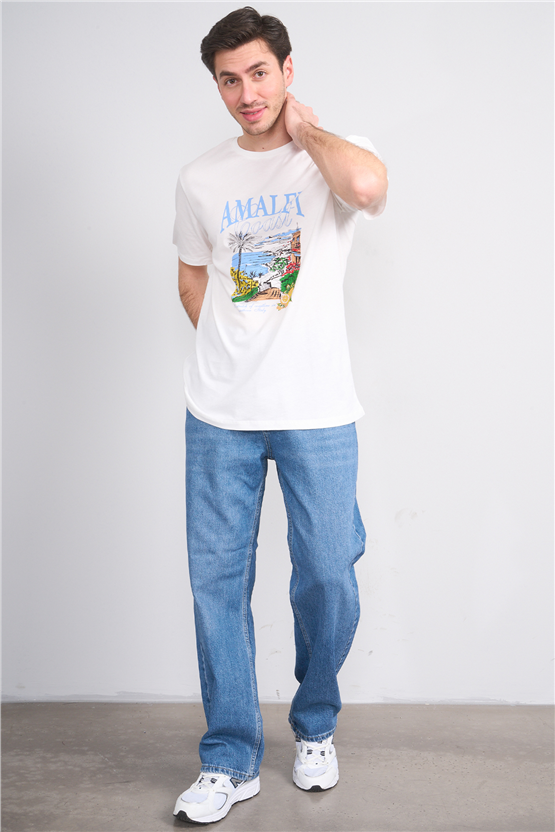 Çetinkaya Mentality 4645 Bisiklet Yaka Regular Baskılı T-shirt Krem