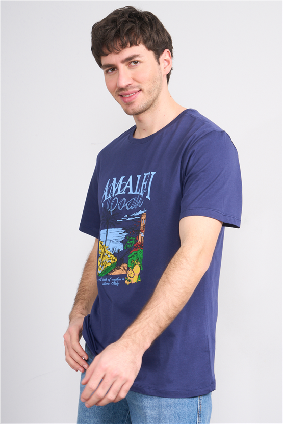 Çetinkaya Mentality 4645 Bisiklet Yaka Regular Baskılı T-shirt Açık Lacivert