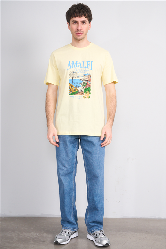 Çetinkaya Mentality 4645 Bisiklet Yaka Regular Baskılı T-shirt Uçuk Sarı