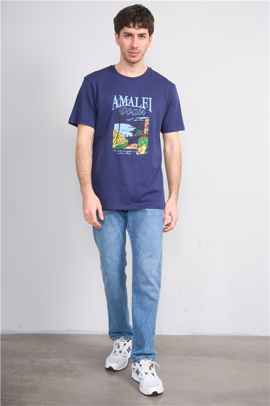 Çetinkaya Mentality 4645 Bisiklet Yaka Regular Baskılı T-shirt Açık Lacivert