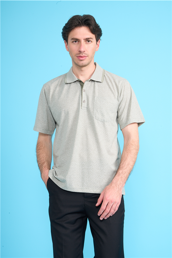 Çetinkaya Mentality 4706 Polo Yaka Regular Ringel Jakar T-shirt Haki - Beyaz