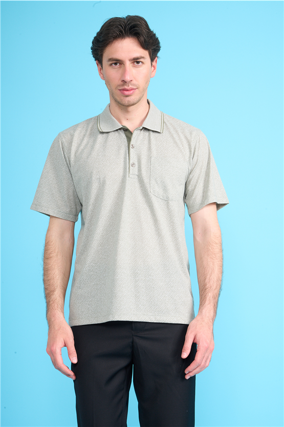 Çetinkaya Mentality 4706 Polo Yaka Regular Ringel Jakar T-shirt Haki - Beyaz