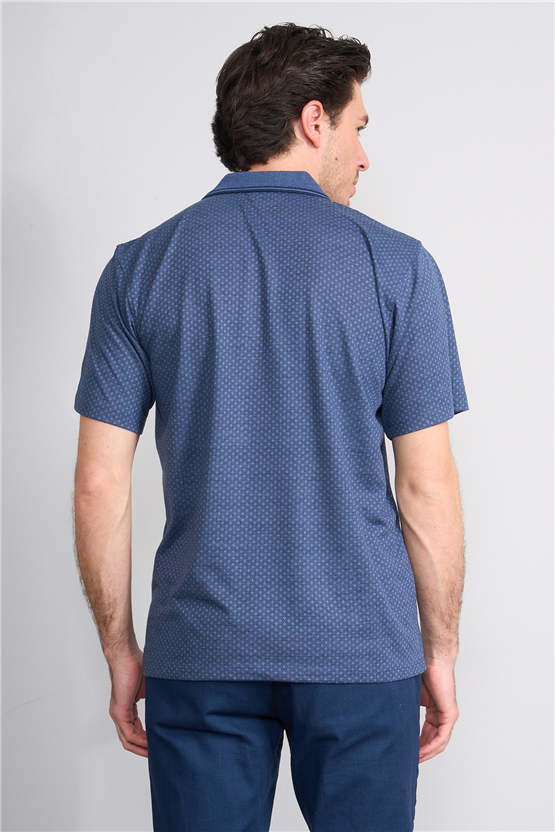 Çetinkaya Mentality 4707 Polo Yaka Regular Ringel Jakar T-shirt Lacivert - Açık İndigo