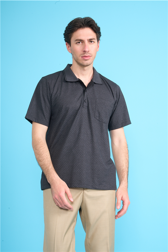 Çetinkaya Mentality 4707 Polo Yaka Regular Ringel Jakar T-shirt Siyah - Füme