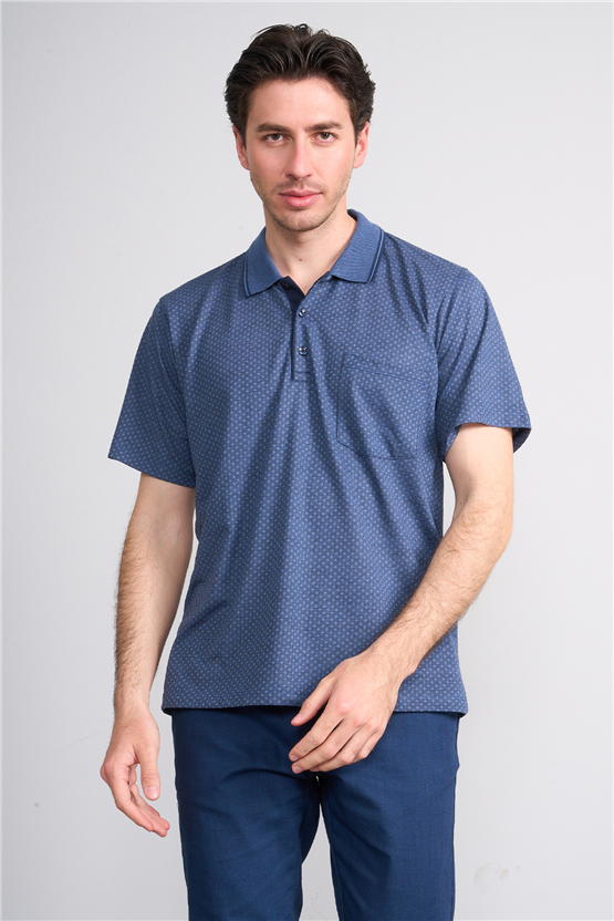 Çetinkaya Mentality 4707 Polo Yaka Regular Ringel Jakar T-shirt Lacivert - Açık İndigo