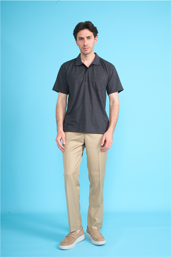 Çetinkaya Mentality 4707 Polo Yaka Regular Ringel Jakar T-shirt Siyah - Füme