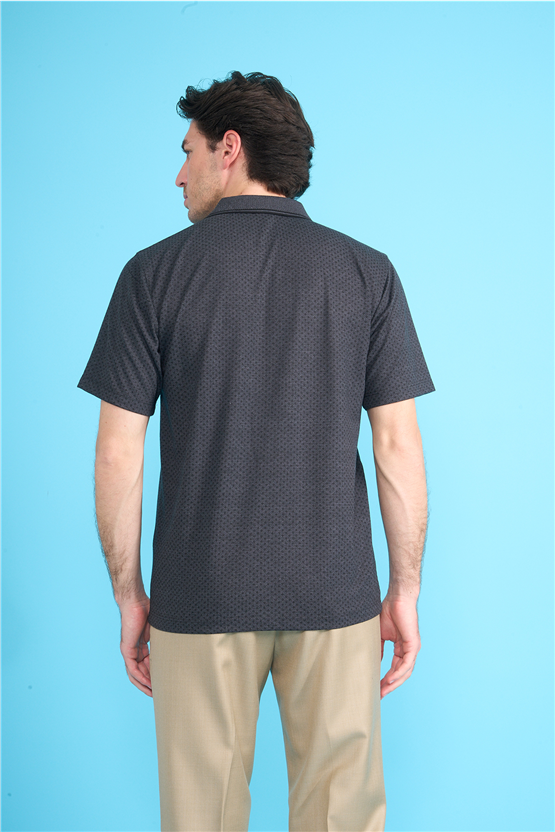 Çetinkaya Mentality 4707 Polo Yaka Regular Ringel Jakar T-shirt Siyah - Füme