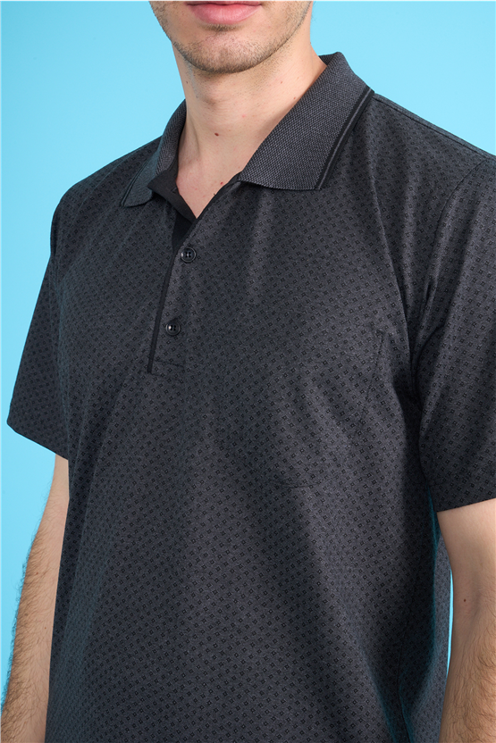 Çetinkaya Mentality 4707 Polo Yaka Regular Ringel Jakar T-shirt Siyah - Füme