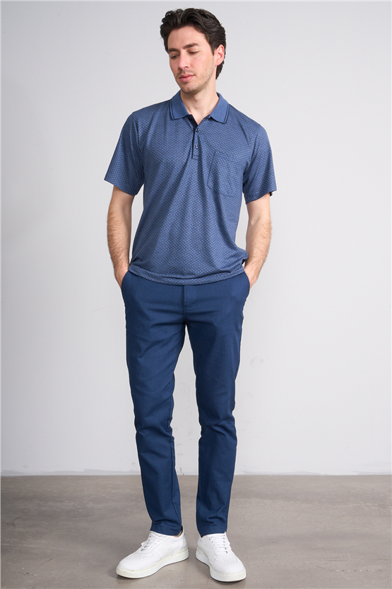 Çetinkaya Mentality 4707 Polo Yaka Regular Ringel Jakar T-shirt Lacivert - Açık İndigo