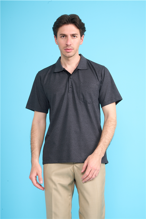 Çetinkaya Mentality 4707 Polo Yaka Regular Ringel Jakar T-shirt Siyah - Füme