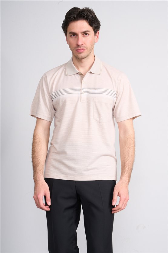 Çetinkaya Mentality 4712 Polo Yaka Regular Ringel Jakar T-shirt Bej