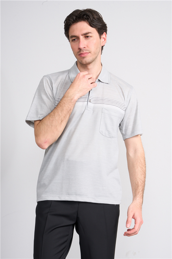 Çetinkaya Mentality 4712 Polo Yaka Regular Ringel Jakar T-shirt Gri