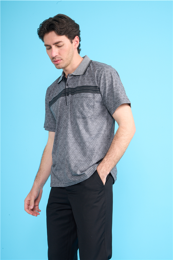Çetinkaya Mentality 4716 Polo Yaka Regular Ringel Jakar T-shirt Siyah