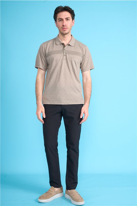 Çetinkaya Mentality 4716 Polo Yaka Regular Ringel Jakar T-shirt Bej