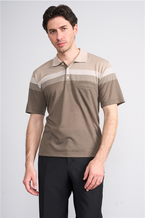 Çetinkaya Mentality 4717 Polo Yaka Regular Ringel Jakar T-shirt Bej