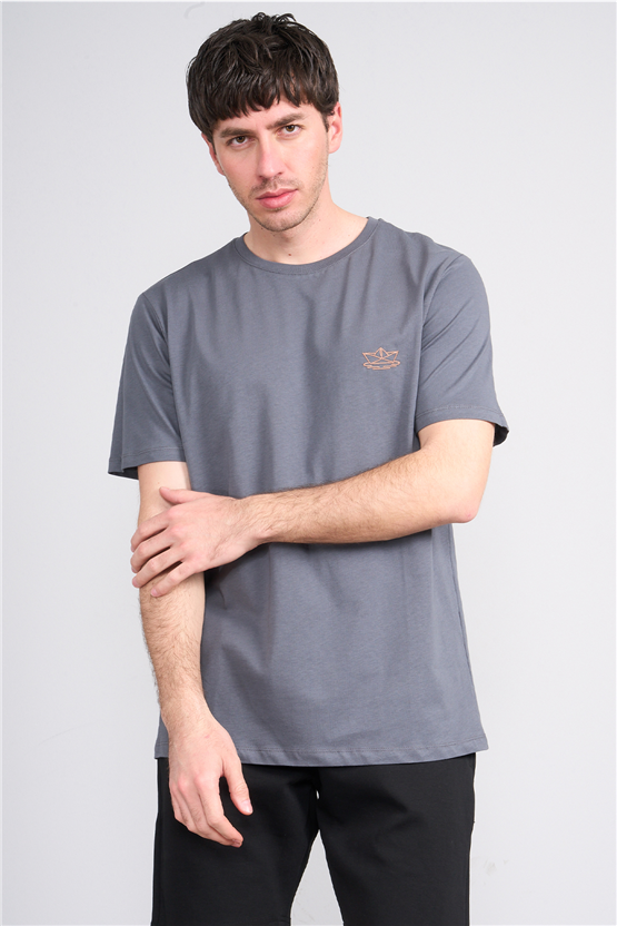 Çetinkaya Mentality 4751 Bisiklet Yaka Regular Nakışlı T-shirt Koyu Gri