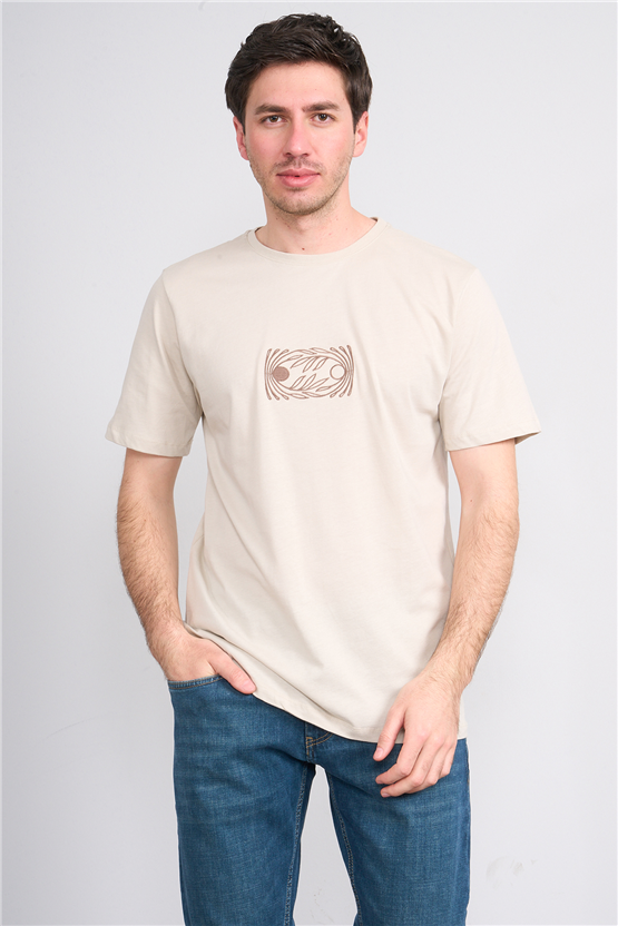 Çetinkaya Mentality 4752 Bisiklet Yaka Regular Baskılı T-shirt Vizon