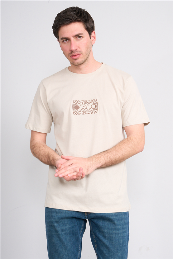 Çetinkaya Mentality 4752 Bisiklet Yaka Regular Baskılı T-shirt Vizon