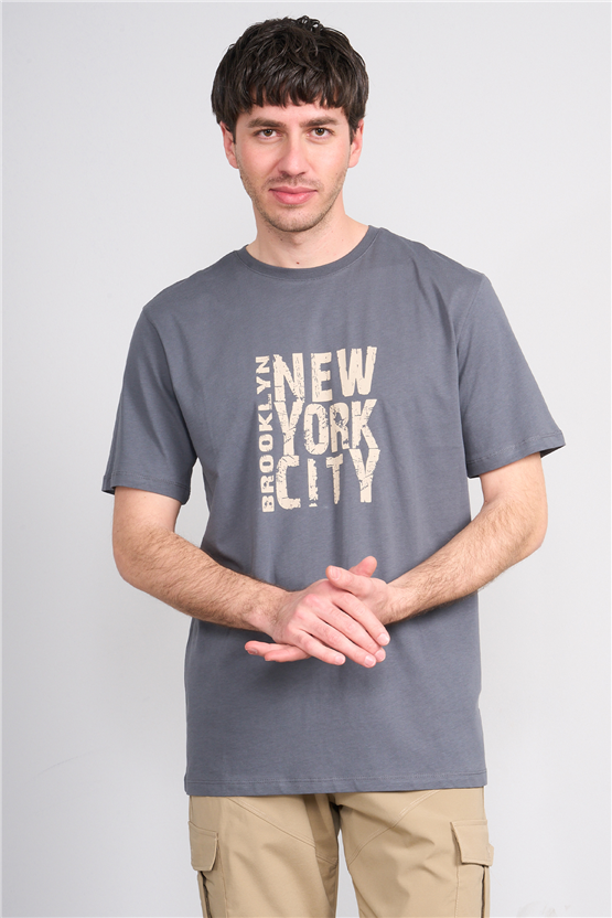 Çetinkaya Mentality 4757 Bisiklet Yaka Regular Baskılı T-shirt Koyu Gri