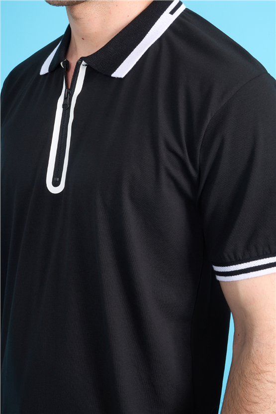 Çetinkaya Mentality 4771 Fermuarlı Polo Yaka Regular 30/1 Penye T-shirt Siyah