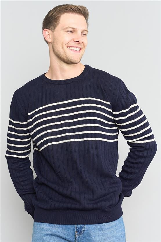 Çetinkaya Mentality 5096 Erkek Bisiklet Yaka Çizgi Jakarlı Triko Lacivert - Bejmelanj