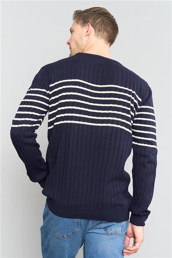 Çetinkaya Mentality 5096 Erkek Bisiklet Yaka Çizgi Jakarlı Triko Lacivert - Bejmelanj