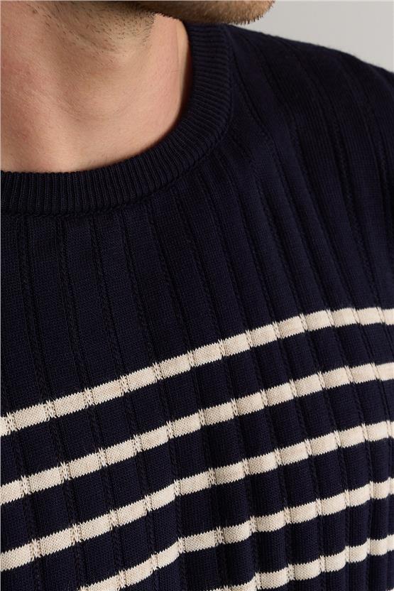 Çetinkaya Mentality 5096 Erkek Bisiklet Yaka Çizgi Jakarlı Triko Lacivert - Bejmelanj