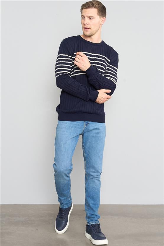 Çetinkaya Mentality 5096 Erkek Bisiklet Yaka Çizgi Jakarlı Triko Lacivert - Bejmelanj