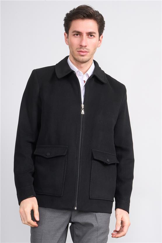 Çetinkaya Mentality 7042 Ceket Yaka Kaşe Kısa Kaban Siyah