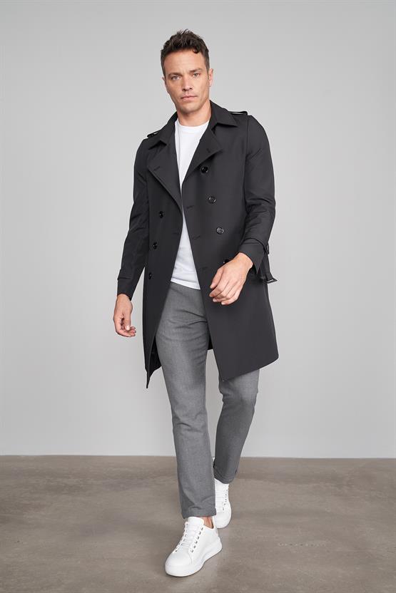 Çetinkaya Mentality 7519 Diz Altı Kuşaklı Kruvaze Yaka Trençkot Siyah