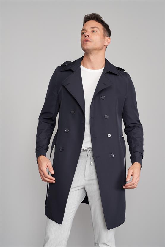 Çetinkaya Mentality 7519 Diz Altı Kuşaklı Kruvaze Yaka Trençkot Lacivert