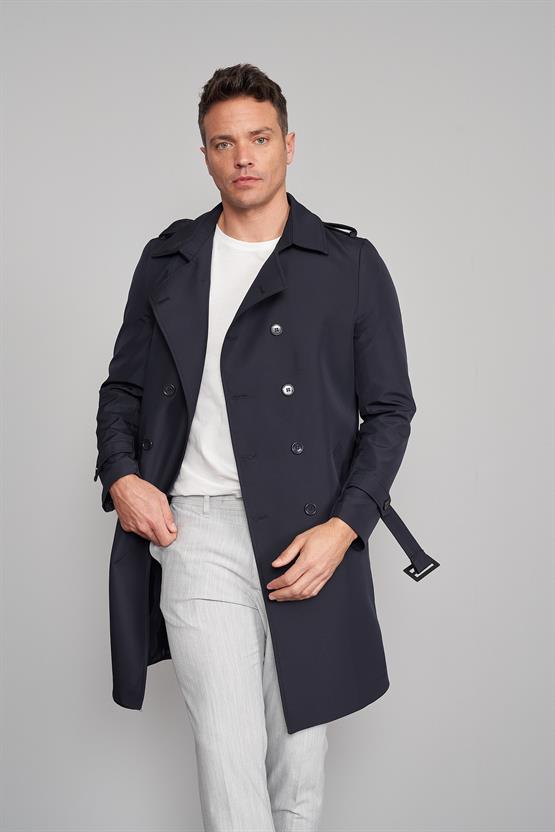 Çetinkaya Mentality 7519 Diz Altı Kuşaklı Kruvaze Yaka Trençkot Lacivert