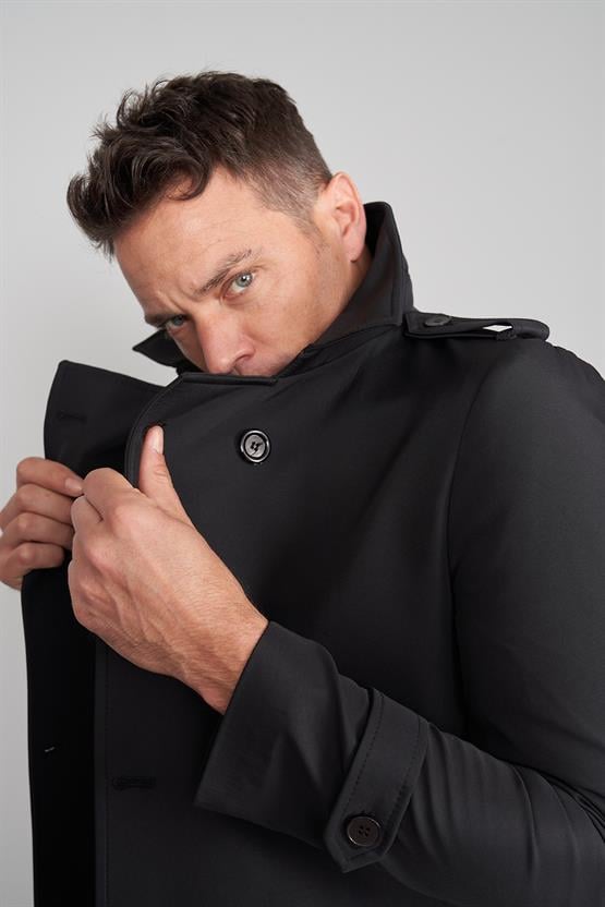 Çetinkaya Mentality 7519 Diz Altı Kuşaklı Kruvaze Yaka Trençkot Siyah