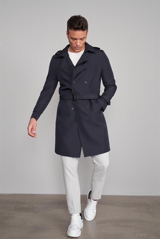 Çetinkaya Mentality 7519 Diz Altı Kuşaklı Kruvaze Yaka Trençkot Lacivert