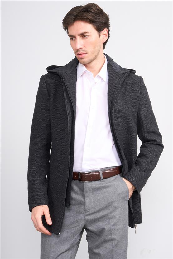 Çetinkaya Mentality 7843 Erkek Kapüşonlu Regular Kaşe Kaban Siyah Üzeri Gri Petek