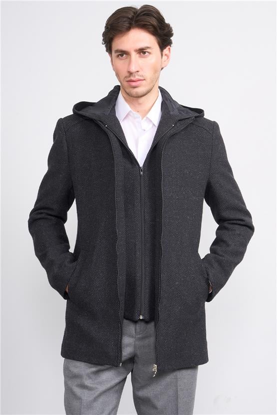 Çetinkaya Mentality 7843 Erkek Kapüşonlu Regular Kaşe Kaban Siyah Üzeri Gri Petek